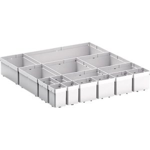 Kleinteileboxen bott verso, für Schubladen, Set aus 15 Boxen, für Fronthöhe 100/125 mm, B 525 x T 550 x H 77 mm, Stahlblech
