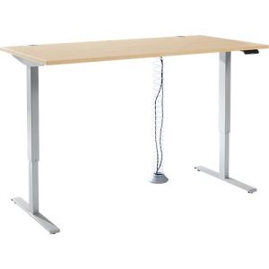 Komplettangebot Schäfer Shop Genius Schreibtisch AERO FLEX, 1-stufig elektrisch höhenverstellbar, Rechteck, T-Fuß, B 1600 mm, Ahorn-Dekor/weißalu + Kabelspirale