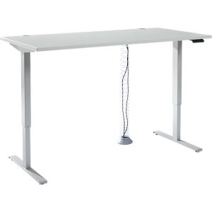 Komplettangebot Schäfer Shop Genius Schreibtisch AERO FLEX, 1-stufig elektrisch höhenverstellbar, Rechteck, T-Fuß, B 1600 mm, lichtgrau/weißalu + Kabelspirale