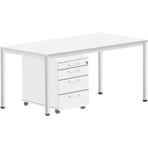 Komplettset BEXXSTAR, Schreibtisch 1600 mm breit Rollcontainer, Rundrohrfuß, weiß