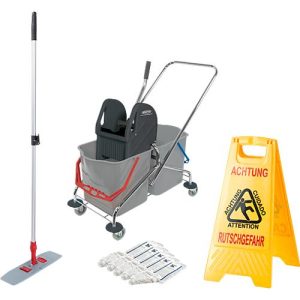 Komplettset Doppelfahreimer und gratis Aufsteller ‚Rutschgefahr‘, 2 x 27 Liter Eimer