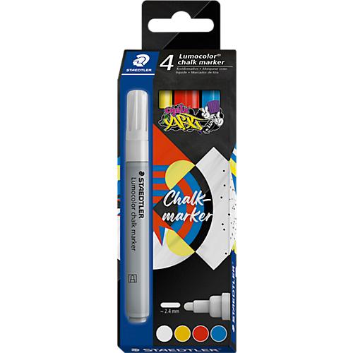 Kreidemarker STAEDTLER Lumocolor®, Rundspitze, Strichbreite 2,4 mm, für glatte Oberflächen, Flüssigkeit auf Wasserbasis, 4er-Set farbsortiert