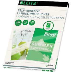 Laminierfolien Leitz iLAM, A4 Hoch-& Querformat, Stärke 80 µm, selbstklebende Rückseite, wiederablösbar, L 216 x B 303 mm, PET, farblos, 100 Stück