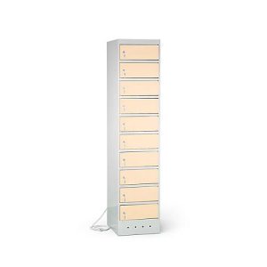 Laptopschrank mit Ladefunktion, 10 Abteile mit Zylinderschloss, Stahlblech lichtgrau RAL 7035/h.elfenbein RAL 1015