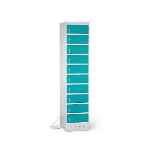 Laptopschrank mit Ladefunktion, 10 Abteile mit Zylinderschloss, Stahlblech lichtgrau RAL 7035/türkisblau RAL 5018