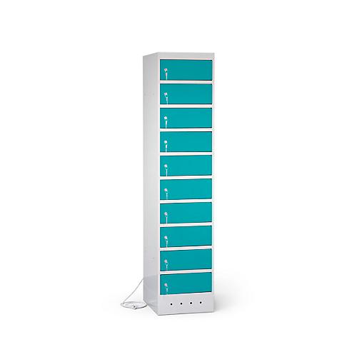 Laptopschrank mit Ladefunktion, 10 Abteile mit Zylinderschloss, Stahlblech lichtgrau RAL 7035/türkisblau RAL 5018