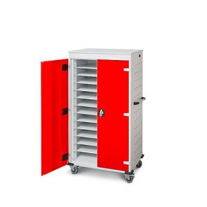 Laptopwagen mit Ladefunktion, 2-Punkt-Verriegelung, Feststellbremse, 26 Fächer, B 920 x T 500 x H 1540, verkehrsrot
