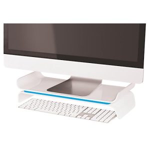 Leitz® Ergo WOW Monitorständer, ergonomisch, für Monitore bis 27 ″, 2-stufig höhenverstellbar mit Stauraum für Tastatur, B 209 x H 112 mm, weiß/blau