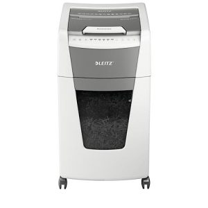 Leitz IQ Autofeed Office 300 Aktenvernichter P5, Vollautomatik, Mikroschnitt 2 x 15 mm, 60 l, 300 Blatt Schnittleistung, mit Rollen, weiß