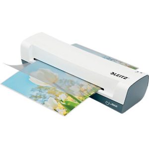 Leitz Laminiergerät iLAM Home A4 EU, bis A4, für Folien mit Stärke 75-125 µm, 300 mm/min, inkl. Folien-Starterkit, weiß-grau