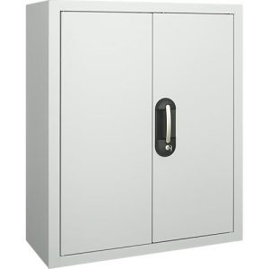 Magazinschrank, 830 mm hoch, 6 Böden, 42 Kästen, mit Türen, lichtgrau