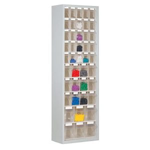 Magazinschrank, Volumen 333 l, 43 herausnehmbare Klappkästen mit Griffmulde, B 665 x T 250 x H 2000 mm, lichtgrau/transparent