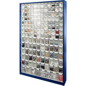 Magazinschrank, Volumen 635 l, 154 herausnehmb. Klappkästen m. Griffmulde, B 1270 x T 250 x H 2000 mm, e.blau/transparent