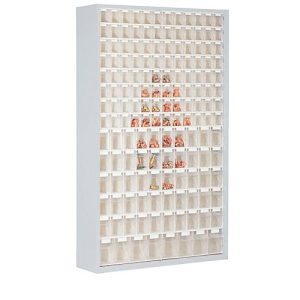 Magazinschrank, Volumen 635 l, 154 herausnehmb. Klappkästen m. Griffmulde, B 1270 x T 250 x H 2000 mm, l.grau/transparent