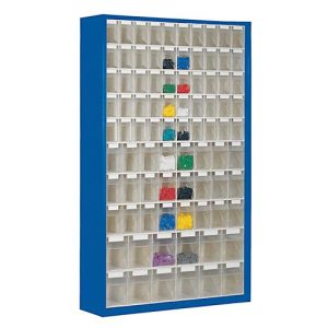 Magazinschrank, Volumen 635 l, 86 herausnehmbare Klappkästen m. Griffmulde, B 1270 x T 250 x H 2000 mm, e.blau/transp.