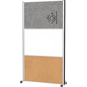MAUL Stellwandsystem MAULconnecto, 1 x Akustikvlies dunkel, 1 x Whiteboard, 1 x Korkwand, auf Rollen, H 1800 x B 1000 mm, silber