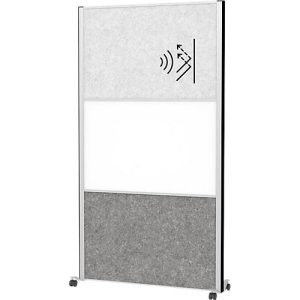 MAUL Stellwandsystem MAULconnecto, 1x Akustikvlies hell, 1x Akustikvlies dunkel, 1x Whiteboard, Klettverbindung, auf Rollen, H 1800 x B 1000 mm, silber