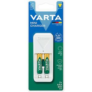 Mini Akkuladegerät für Batterien Varta, 2x AA/AAA, inkl. 2 AA-Akkus, Ladezeit 4,5 h, EU-Stecker, 100-240 V, B 43 x T 63 x H 102 mm, weiß