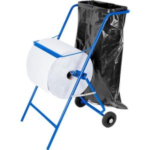 Mobiler Papierrollenhalter, für Rollenbreite 400 mm, Abreißkante & Halterung für Müllsäcke bis 120 l, B 550 x T 700 x H 900 mm