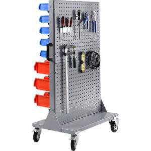 Mobiles Kleinteilemagazin Schäfer Shop Select, 1-seitig bestückbar, mit Lochplattenwand, ohne Sichtlagerkästen, B 900 x T 655 x H 1540 mm, Stahl, grau