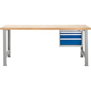 Modulare Werkbank Schäfer Shop Select, Grundeinheit, Buche Multiplexplatte, bis 500 kg, B 2000 x T 700 x H 840 mm, Hellsilber/Enzianblau ral 5010