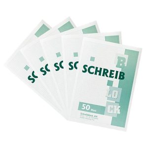 Notizblock, kariert, DIN A4, 50 Blatt, ohne Lochung, Recycling-Papier, weiß, 5 Stück