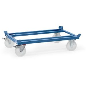 Paletten-Fahrgestell, Stahl, bis 1050 kg, blau, Polyamid-Bereifung, mit Feststeller