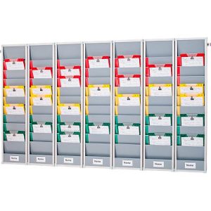 Planungstafel Eichner Flexo, 7er-Set, mit Wandprofil, 10 Schienen pro Tafel, für bis zu 70 Auftragstaschen, B 1700 x T 100 x H 1280 mm, Kunststoff, grau