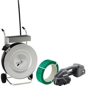 Profi-Umreifungsset, mit Abrollwagen vollverzinkt, Akku-Umreifungsgerät BXT3-19 & KU Polyesterband, L 1200 m x B 18,5 mm, Stärke 0,85 mm, geprägt, grün