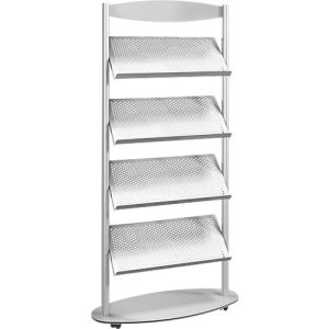 Prospektständer sirius, 4 Etagen, Beschriftungsfläche, mit optional montierbaren Rollen, B 800 x T 330 x H 1850 mm, Stahl, alusilber