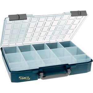 Raaco Sortimentskoffer CarryLite 80 5×10-15, mit 15 Einsätzen, B 413 x T 330 x H 79 mm, aus Polycarbonat/Polypropylen, transparent/blau