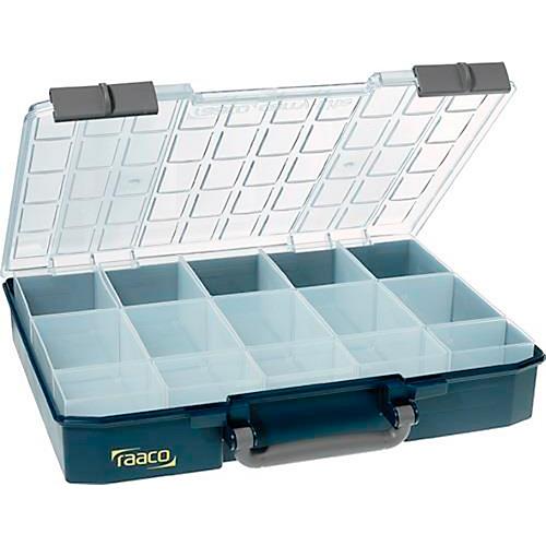 Raaco Sortimentskoffer CarryLite 80 5x10-15, mit 15 Einsätzen, B 413 x T 330 x H 79 mm, aus Polycarbonat/Polypropylen, transparent/blau