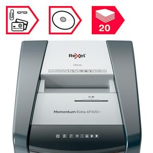 Rexel Momentum Extra XP420+ Aktenvernichter, mobil, P4, Partikelschnitt 4 x 35 mm, 60 l, 20 Blatt Schnittleistung, schwarz