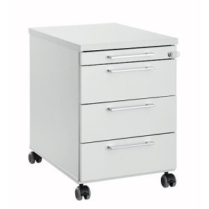 Rollcontainer 1333, 3 Schübe & 1 Utensilienauszug, abschließbar, eckige Griffe, Holz/Stahl/Kunststoff, B 434 x T 600 x H 613 mm, lichtgrau