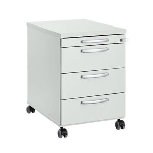 Rollcontainer 1333, 3 Schübe & 1 Utensilienauszug, abschließbar, runde Griffe, Holz/Stahl/Kunststoff, B 434 x T 600 x H 613 mm, lichtgrau