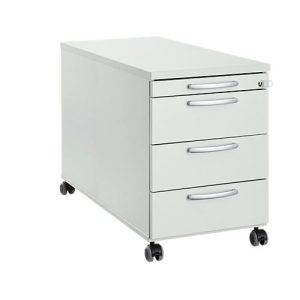 Rollcontainer 1333, 3 Schübe & 1 Utensilienauszug, abschließbar, runde Griffe, Holz/Stahl/Kunststoff, B 434 x T 800 x H 613 mm, lichtgrau