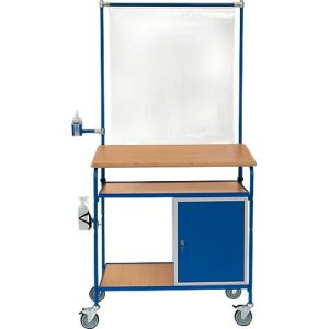 Rollpult, 3 Etagen, Schrank, Infektionsschutzrahmen, 2 Halterungen für Desinfektionsmittelflaschen/Sprühflaschen, RAL 5007