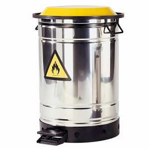Sammelbehälter, Edelstahl 1.4301 poliert, 50 l, Ø 390 x H 600 mm, Klappdeckel mit Fußpedal, Lüftungsöffnungen im Bodenrand
