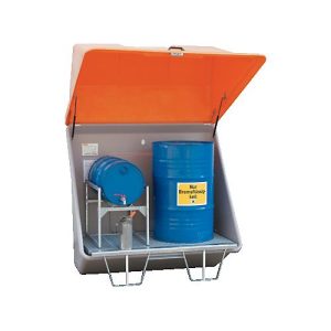 Schadstoff-Sammelstation CEMO, Gitterrost, 200 l Auffangvolumen, Aufstellung im Freien, mit Haube, B 1500 x T 850 x H 2110 mm