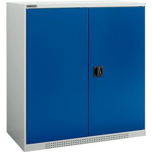 Schäfer Shop Genius Flügeltürenschrank FS, Stahl, mit Belüftungslöchern, B 1055 x T 520 x H 1105 mm, 3 OH, Lichtgrau/Enzianblau, bis 300 kg