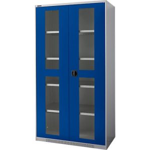 Schäfer Shop Genius Flügeltürenschrank FS, Stahl, Sichtfenster, Lüftungslöcher, B 1055 x T 520 x H 1950 mm, 5 OH, Weißalu/Enzianblau, bis 500 kg