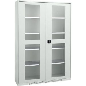 Schäfer Shop Genius Flügeltürenschrank FS, Stahl, Sichtfenster, Lüftungslöcher, B 1343 x T 520 x H 1950 mm, 5 OH, Lichtgrau/Lichtgrau, bis 750 kg