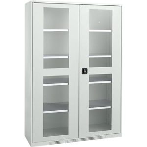 Schäfer Shop Genius Flügeltürenschrank FS, Stahl, Sichtfenster, Lüftungslöcher, B 1343 x T 620 x H 1950 mm, 5 OH, Lichtgrau/Lichtgrau, bis 750 kg
