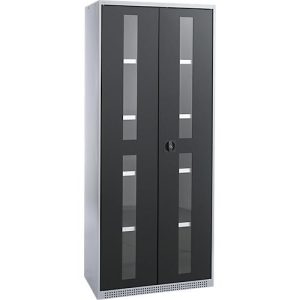 Schäfer Shop Genius Flügeltürenschrank FS, Stahl, Sichtfenster, Lüftungslöcher, B 810 x T 520 x H 1950 mm, 5 OH, Weißalu/Anthrazitgrau, bis 300 kg