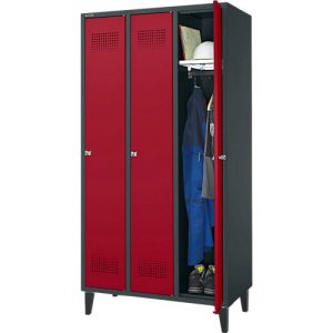 Schäfer Shop Genius Kleiderspind mit Füßen, 3 Abteile, 300 mm Abteilbreite, Zylinderschloss, anthrazit/rubinrot