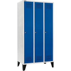 Schäfer Shop Genius Kleiderspind mit Füßen, 3 Abteile, 300 mm Abteilbreite, Zylinderschloss, lichtgrau/enzianblau