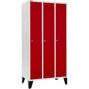 Schäfer Shop Genius Kleiderspind mit Füßen, 3 Abteile, 300 mm Abteilbreite, Zylinderschloss, lichtgrau/rubinrot