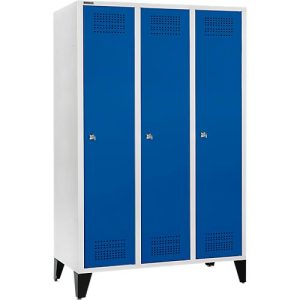 Schäfer Shop Genius Kleiderspind mit Füßen, 3 Abteile, 400 mm Abteilbreite, Zylinderschloss, lichtgrau/enzianblau