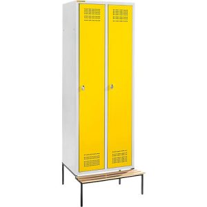 Schäfer Shop Genius Kleiderspind mit Sitzbank, 2 Abteile, 300 mm Abteilbreite, Sicherheitsdrehriegelverschluss, lichtgrau/rapsgelb
