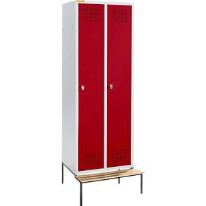 Schäfer Shop Genius Kleiderspind mit Sitzbank, 2 Abteile, 300 mm Abteilbreite, Sicherheitsdrehriegelverschluss, lichtgrau/rubinrot